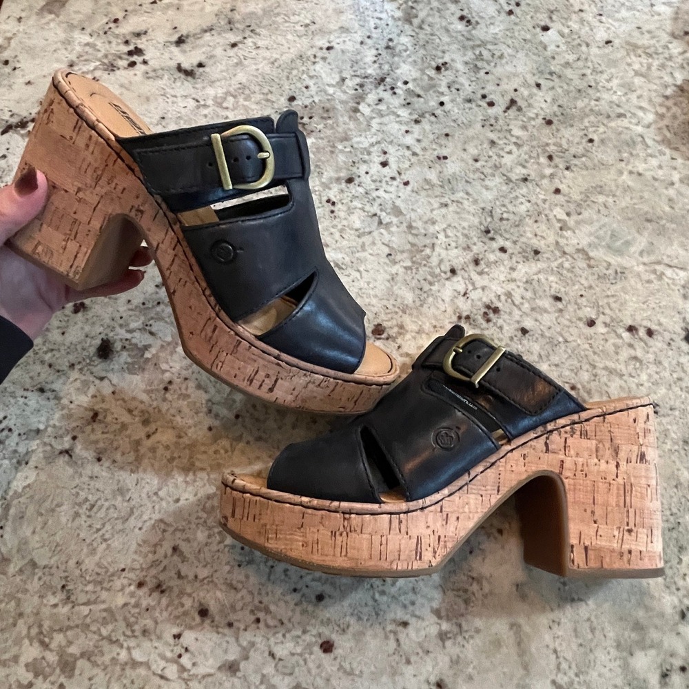 NWOT Born Black Brooklan Leather Cork Platform Chunky Sandals Mules Womens 7M